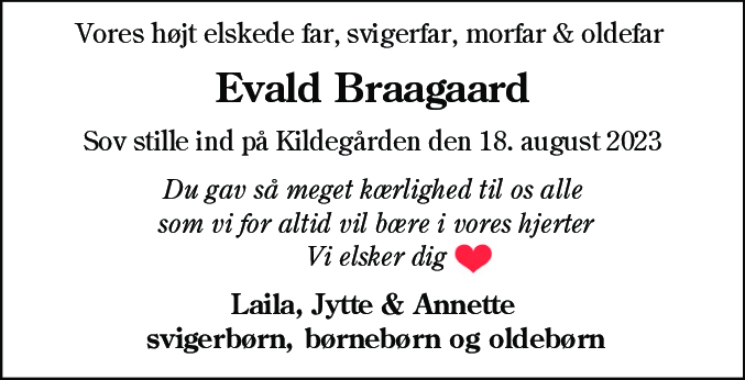 Dødsannonce for Evald Bjørnkær Braagaard