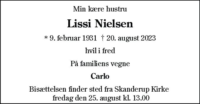Dødsannonce for Lissi Nielsen