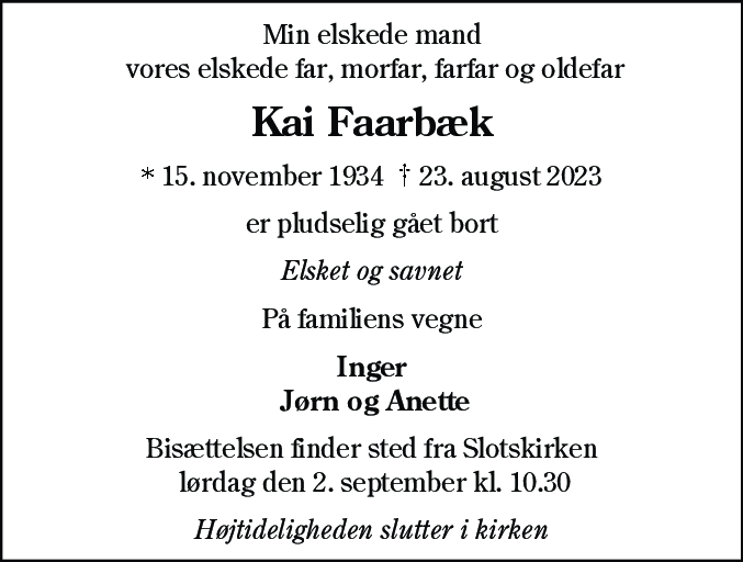 Dødsannonce for Kai Faarbæk