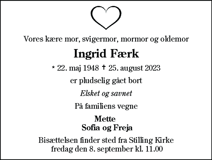 Dødsannonce for Ingrid Færk