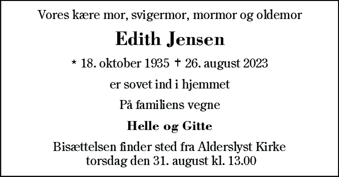 Dødsannonce for Edith Jensen