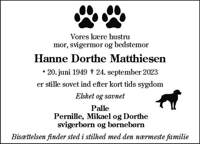 Dødsannonce for Hanne Dorthe Matthisen