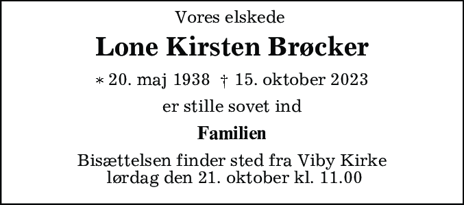 Dødsannonce for Lone Kirsten Brøcker