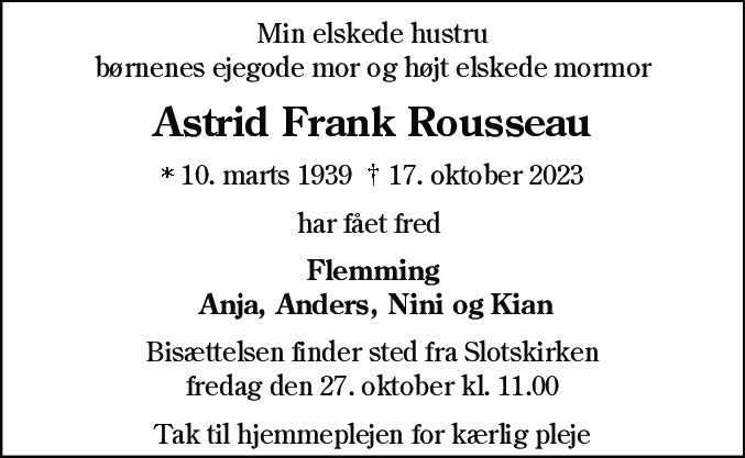 Dødsannonce for Astrid Frank Rossau