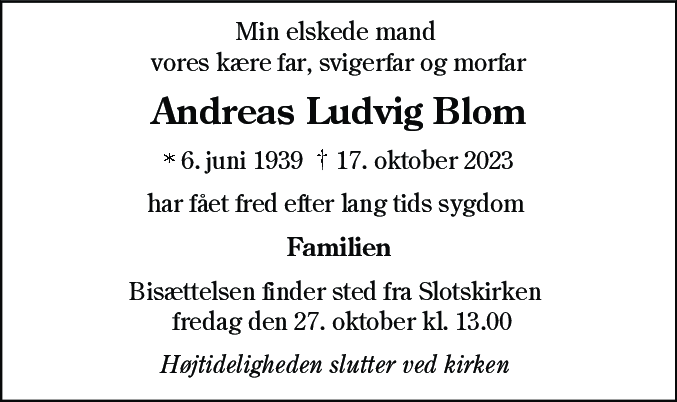 Dødsannonce for Andreas Ludvig Blom