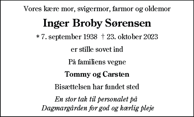 Dødsannonce for Inger Broby Sørensen