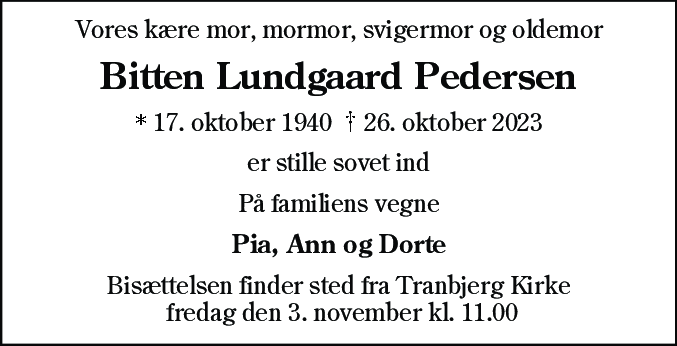 Dødsannonce for Bitten Lundgaard Pedersen