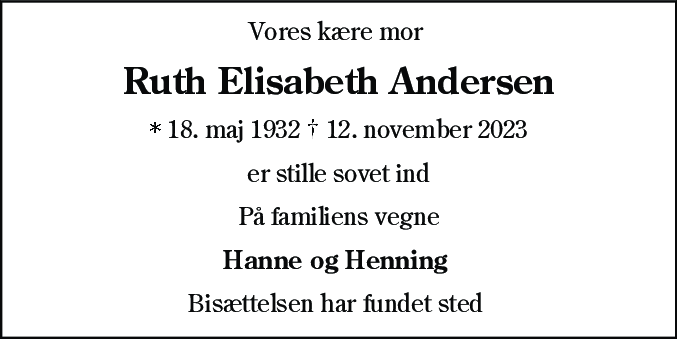 Dødsannonce for Ruth Elisabeth Andersen