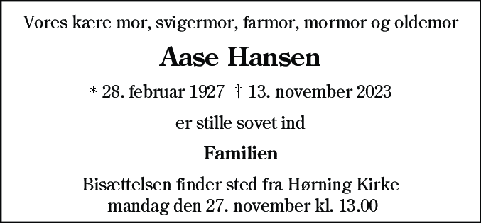 Dødsannonce for Aase Hansen