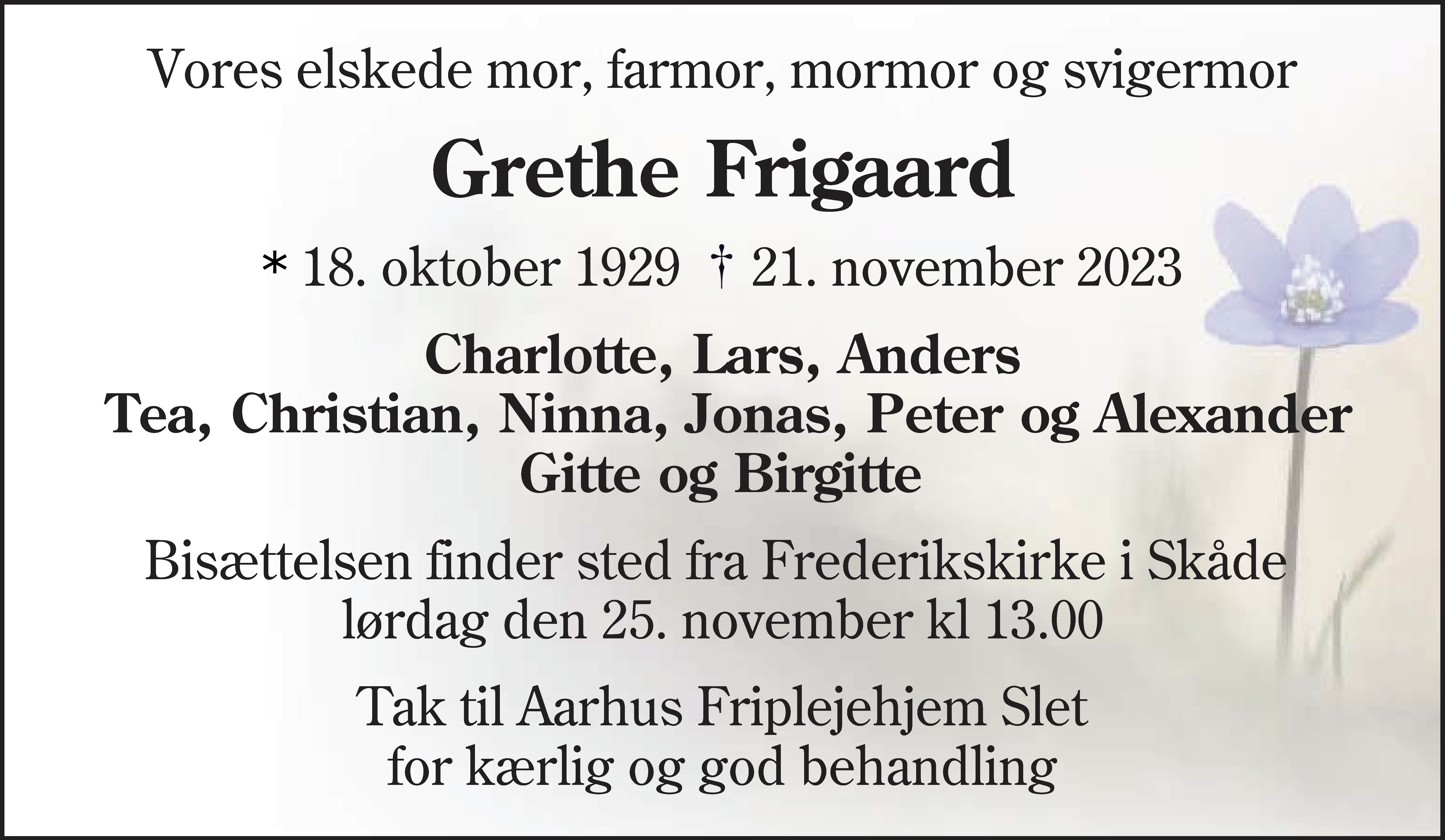Dødsannonce for Grethe Frigaard