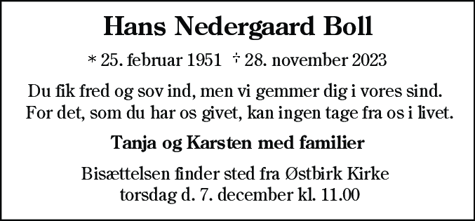 Dødsannonce for Hans Nedergaard Boll