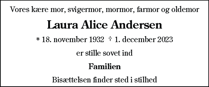 Dødsannonce for Laura Alice Andersen