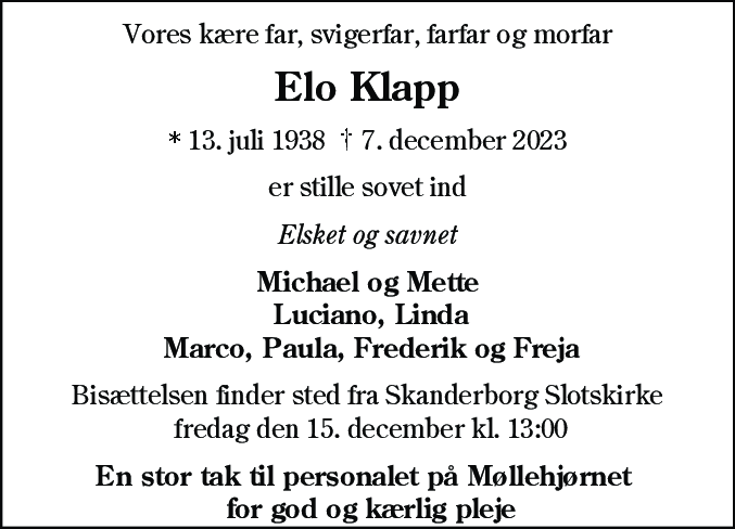 Dødsannonce for Elo Klapp