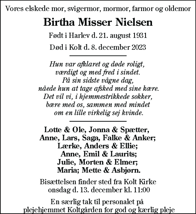 Dødsannonce for Birtha Misser Nielsen
