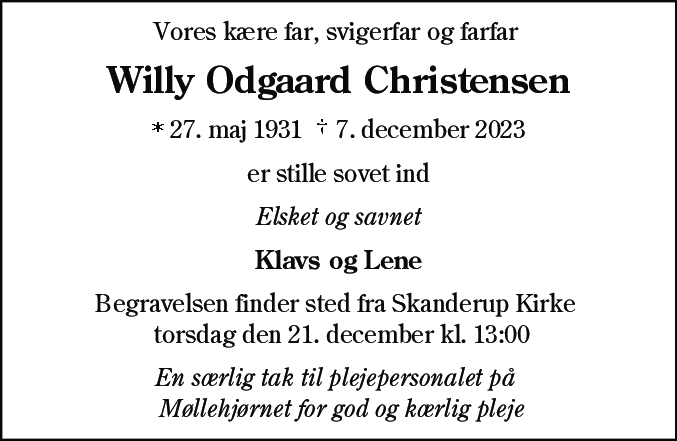 Dødsannonce for Willy Odgaard Christensen