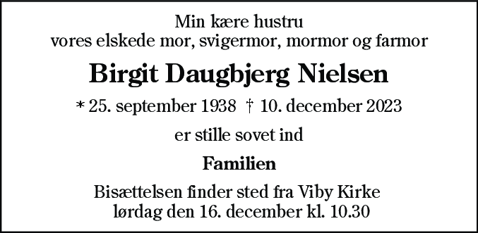 Dødsannonce for Birgit Daugbjerg Nielsen