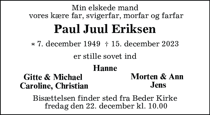 Dødsannonce for Paul Juul Eriksen