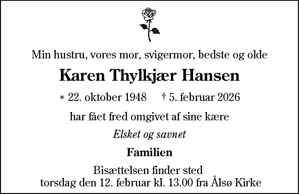 Dødsannonce for Karen Thylkjær Hansen