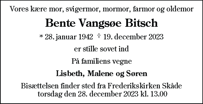 Dødsannonce for Bente Vangsøe Bitsch