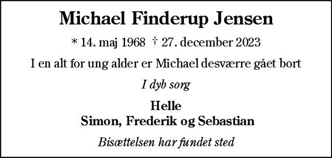Dødsannonce for Michael Finderup Jensen