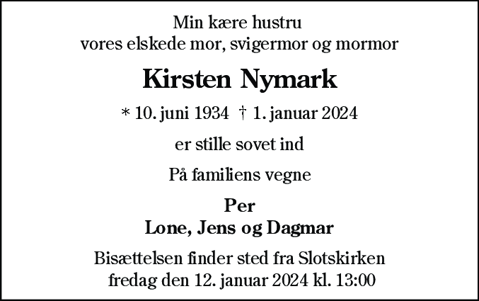Dødsannonce for Kirsten Nymark