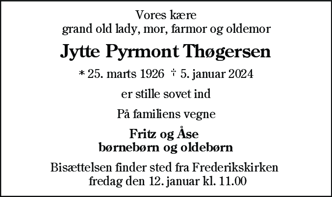 Dødsannonce for Jytte Pyrmont Thøgersen