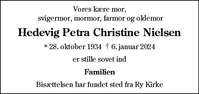Dødsannonce for Hedevig Petra Christine Nielsen
