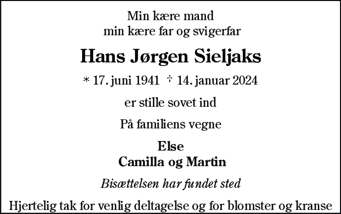 Dødsannonce for Hans Jørgen Sieljaks