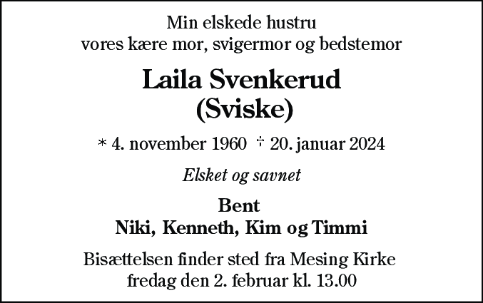 Dødsannonce for Laila Svenkerud