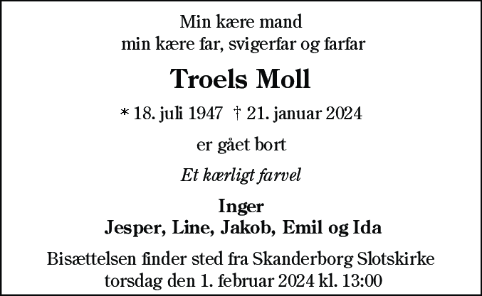 Dødsannonce for Troels Moll