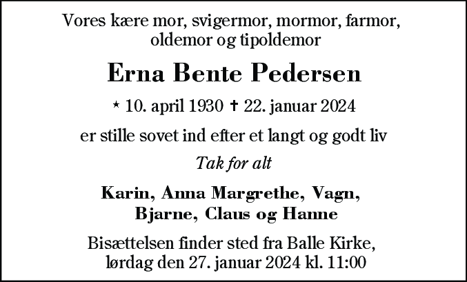 Dødsannonce for Erna Bente Pedersen
