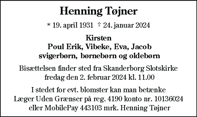Dødsannonce for Peter Henning Tøjner