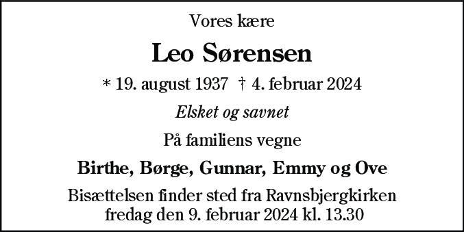 Dødsannonce for Leo Sørensen