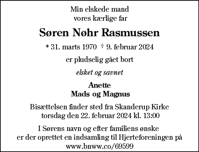Dødsannonce for Søren Nøhr Rasmussen
