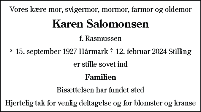Dødsannonce for Karen Salomonsen