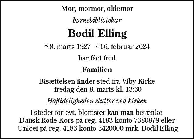 Dødsannonce for Bodil Oline Elling