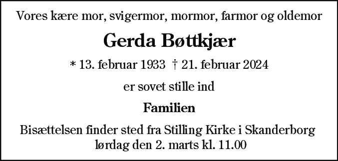 Dødsannonce for Gerda Bøttkjær
