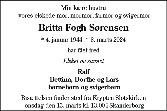 Dødsannonce for Britta Asta Fogh Sørensen