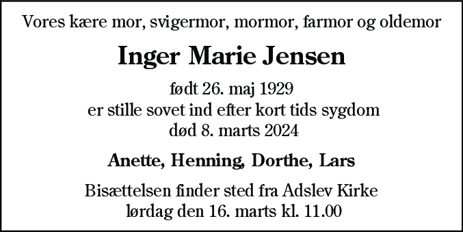 Dødsannonce for Inger Marie Jensen