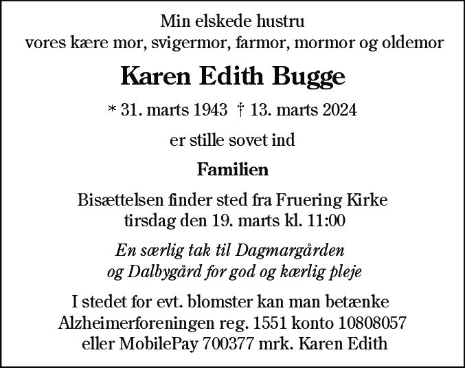 Dødsannonce for Karen Edith Bugge