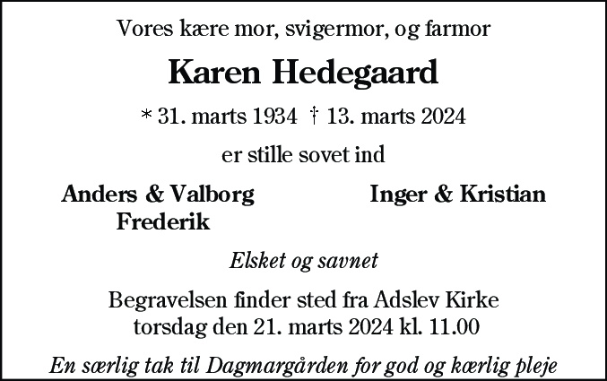 Dødsannonce for Karen Marie Antonie Sørine Hedegård