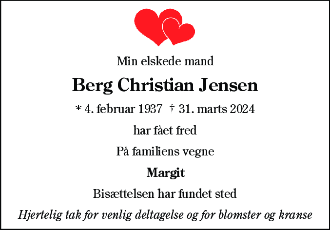 Dødsannonce for Berg Christian Jensen