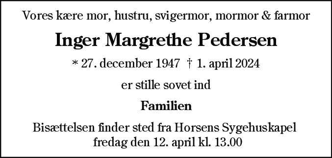 Dødsannonce for Inger Margrethe Pedersen