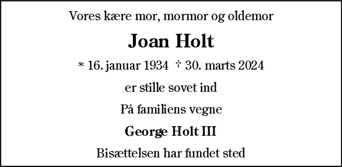 Dødsannonce for Joan Holt