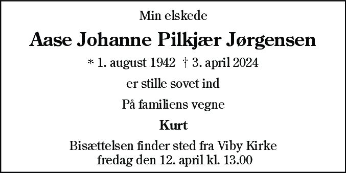 Dødsannonce for Aase Johanne Pilkjær Jørgensen