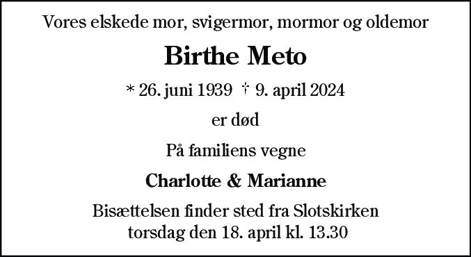 Dødsannonce for Birthe Meto