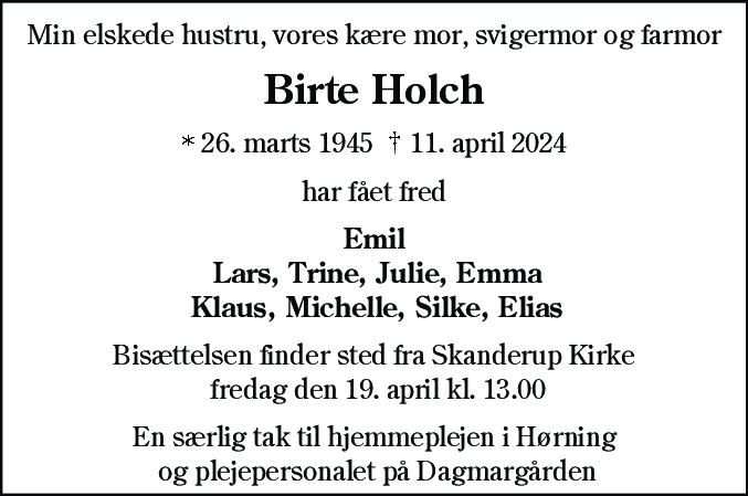 Dødsannonce for Birte Holch