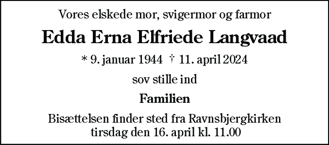 Dødsannonce for Edda Erna Elfriede Langvaad