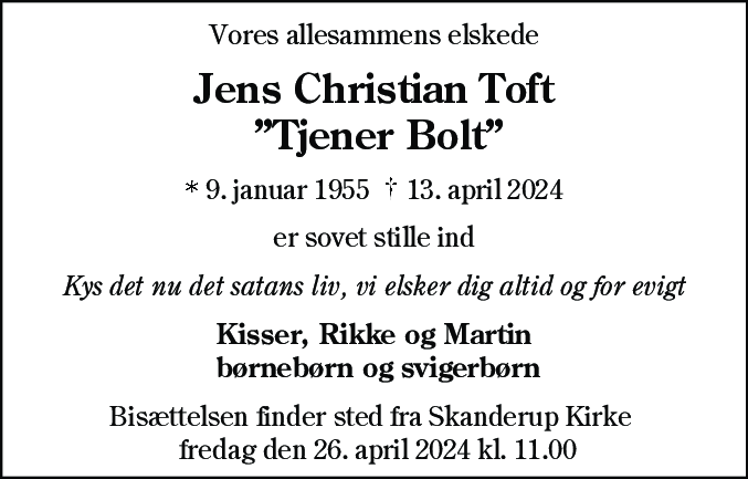 Dødsannonce for Jens Christian Toft