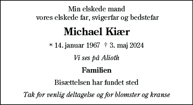 Dødsannonce for Michael Kiær